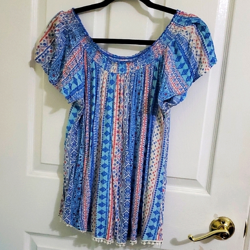 Blue Pink Boho Cottage Smocking Neck Flutter Sleeves Bottom Trim Flowy Blouse XL